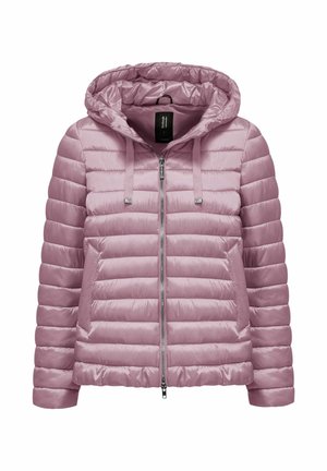 Jasnofioletowa pikowana kurtka puchowa z suwakiem z przodu, regulowany kaptur ze sznurkami oraz dwie przednie kieszenie, przedstawiona na białym tle.