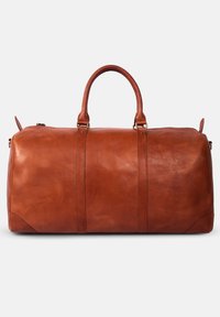 Braune Leder-Duffle-Tasche mit abgerundetem Deckel, doppelten Griffen und Messingbeschlägen. Glatte Textur mit subtilen Farbvariationen.