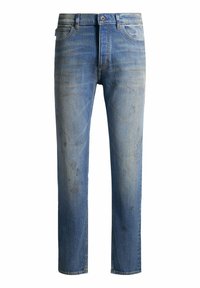 Faded blue denim jeans with a straight leg design, featuring distressed patches and slight whiskering on the front. Five-pocket style.