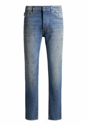 Jeans in denim blu sbiadito con design a gamba dritta, caratterizzati da toppe strappate e leggero effetto whiskering sul davanti. Stile a cinque tasche.