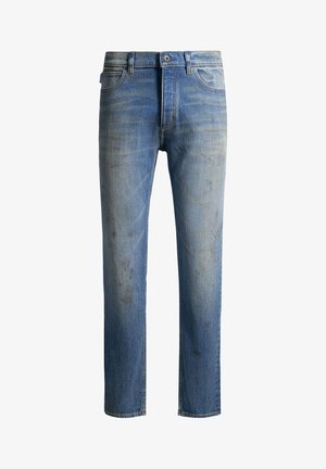 Blegede blå denimjeans med lige ben-design, prydet med slidte lapper og let indsnøring foran. Fem-lomme stil.