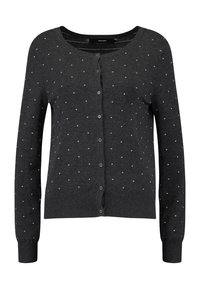 Ciemnoszary kardigan wykonany z miękkiego materiału, z przodu zapinany na guziki i pokryty małymi białymi kropeczkami, z długimi rękawami i ściągaczami na końcach rękawów.
