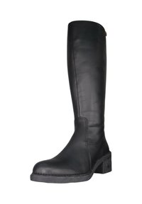 Bota de cuero negro hasta la rodilla con puntera redondeada y tacón cuadrado, con costuras mínimas y una superficie suave. Diseño clásico, material duradero.