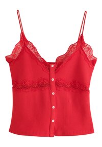 Red sleeveless ribbed top with thin straps, front buttons, and lace trim along the neckline and midsection.