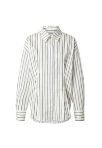 Witte lange mouwen shirt met marineblauwe verticale strepen, knoopsluiting aan de voorkant, puntige kraag en een licht taperende taille.