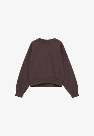 Mørkebrun sweatshirt med rund hals og lange ærmer, med ribbet manchetter og kant, der har en løs pasform og en let cropped længde.