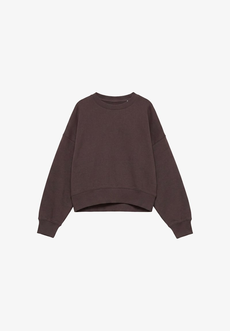 Sweat-shirt marron foncé à manches longues avec col rond, poignets et ourlet côtelés, coupe décontractée et longueur légèrement raccourcie.