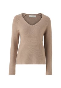 Lange mouwen, beige gebreide trui met een V-hals en een textuurpatroon. Heeft raglanmouwen en een rechte zoom.