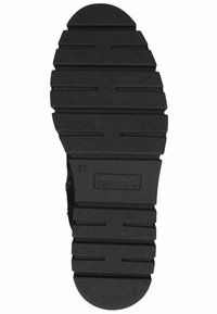Suola di scarpa nera in gomma con battistrada profondo, dotata di un piccolo logo che recita "CAPRICE" e un'indicazione di misura di 37.