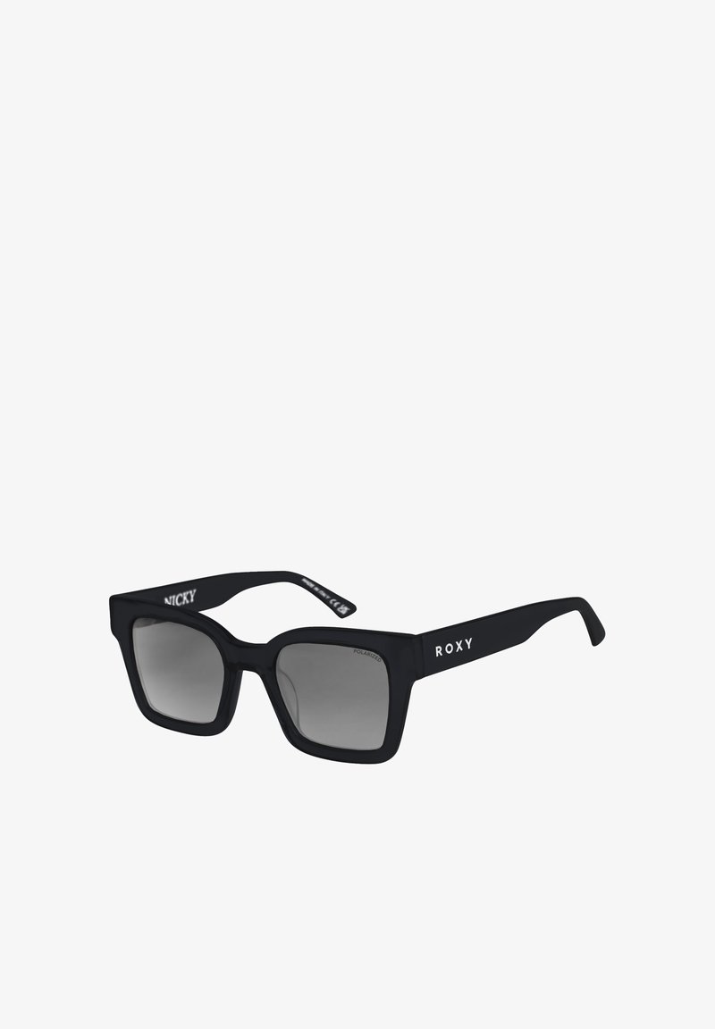 Black rectangular sunglasses with polarized lenses, featuring a matte finish, bold design, and white logo accents on the temples.