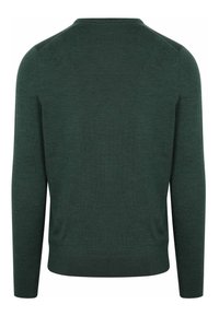 Donkergroene trui met lange mouwen, ronde halslijn, zachte gebreide textuur, minimale naden, effen kleur zonder zichtbare patronen of versieringen.