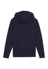 Marineblaue Kapuzenjacke mit Kordelzugkapuze, langen Ärmeln und einer glatten Stofftextur. Sie verfügt über ein einfaches Design ohne sichtbare Logos oder Muster.