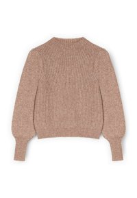 Jasnobrązowy sweter z dzianiny z wysokim dekoltem i bufkami na rękawach, wykonany z teksturowanej tkaniny, z ściągaczami na mankietach dla dopasowania.