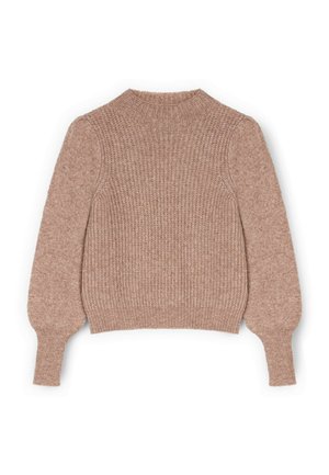 Lichtbruine gebreide trui met een hoge halslijn en opgeblazen mouwen, voorzien van een gestructureerde stof en geribbelde manchetten voor een aansluitende pasvorm.