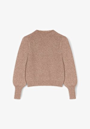 Lichtbruine gebreide trui met een hoge halslijn en opgeblazen mouwen, voorzien van een gestructureerde stof en geribbelde manchetten voor een aansluitende pasvorm.