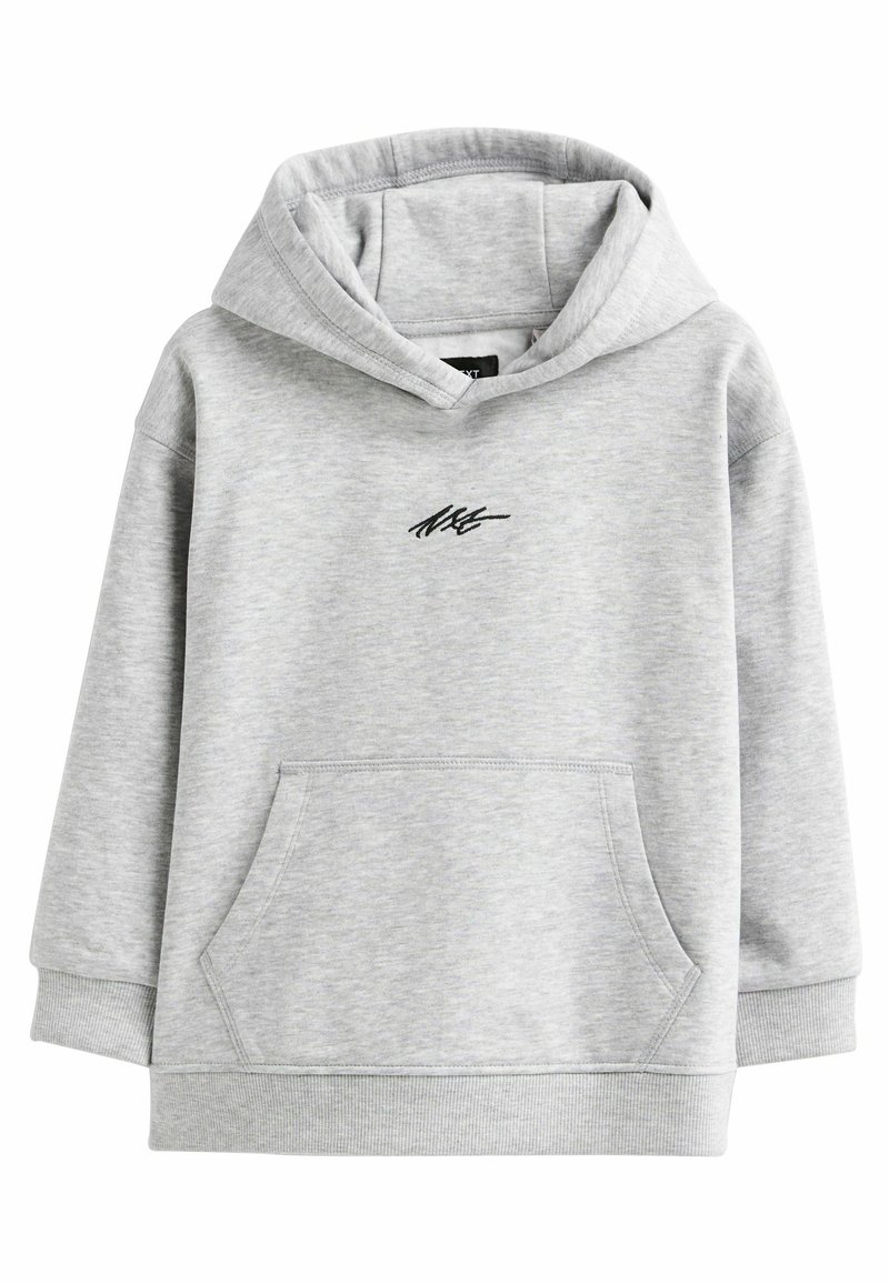 Sweat à capuche gris clair avec poche kangourou à l’avant, poignets et ourlet côtelés, et petit logo abstrait noir sur la poitrine.
