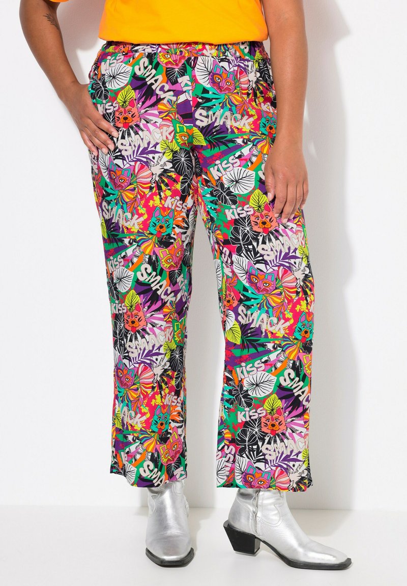 Kleurige, gedessineerde broek met wijd been, versierd met levendige bloemen en grafische teksten zoals "KUS" en "SMACK". Elastische tailleband, lichtgewicht stof.