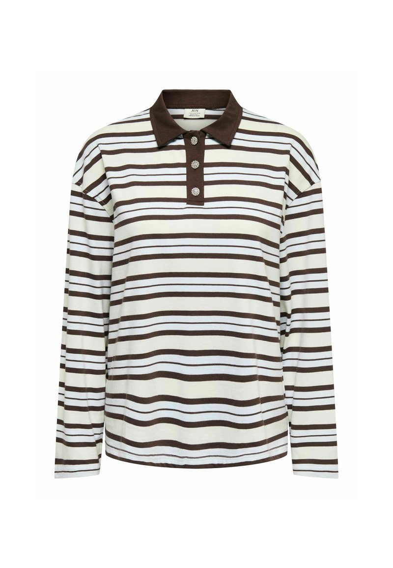 Langärmeliges Poloshirt in Creme mit braunen und hellblauen horizontalen Streifen. Verfügt über einen braunen Kragen und eine Knopfleiste mit drei Knöpfen. Weiche Textur.