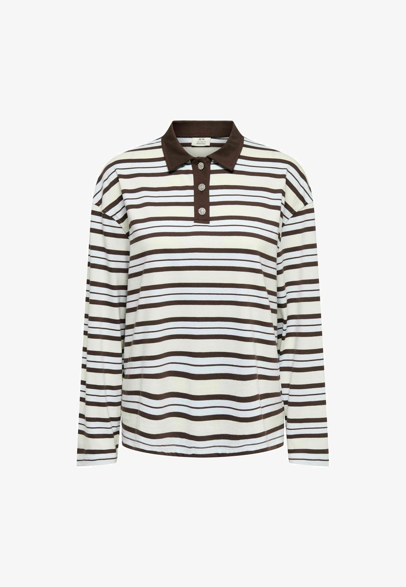 Kreminės spalvos ilgomis rankovėmis polo marškinėliai su rudos ir šviesiai mėlynos spalvos horizontaliomis juostomis. Turi rudą apykaklę ir tris sagų eilutes. Minkšta tekstūra.