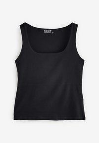 Čierny tielkový top bez rukávov vyrobený z mäkkej bavlny, s hranatým výstrihom a priliehavým strihom s rovnou spodnou časťou.
