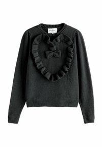 Svart tröja med ett texturerat stickat mönster, en hjärtformad volangdetalj på framsidan och en central rosett som accent.