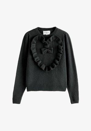 Czarny sweter z teksturowanym wzorem dzianiny, z falbaną w kształcie serca z przodu oraz centralnym akcentem w postaci kokardy.