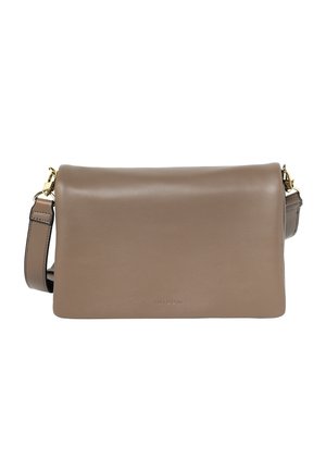 Taupe leather crossbody bag with adjustable strap and subtle embossed brand logo on the front.