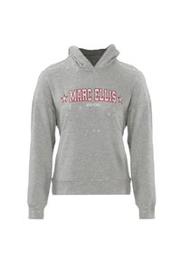 Felpa grigia realizzata in tessuto morbido, con dettagli strappati, una tasca a marsupio frontale e il design del testo rosso "MARC ELLIS NEW YORK".