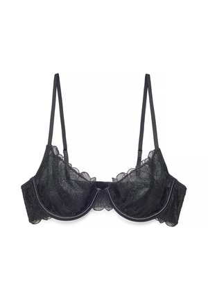 Black lace underwire bra with adjustable thin straps and scalloped edges, designed for support and decorative style.