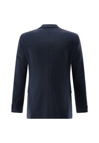 Marineblauer Blazer, einreihiges Design, glatter Stoff, Revers mit Kerbkragen, zwei Taschen, geknöpfte Manschetten und eine taillierte Passform am Rücken.
