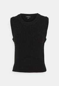 Zwart mouwloos ribgebreid topje met een ronde halslijn en aansluitende silhouet. Heeft een verticale textuur en een nette zoom.