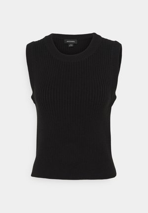 Top noir sans manches en tricot côtelé avec un col rond et une silhouette ajustée. Présente une texture verticale et un ourlet propre.