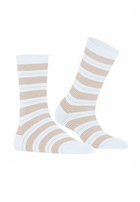 Weiße Socken mit beigen Wellenstreifen und gepunkteten Akzenten. Standard Crew-Länge mit glatter Textur und elastischen Bündchen.