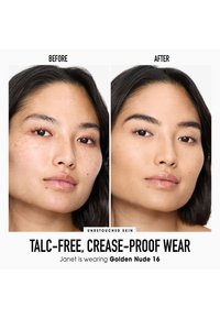 Vertaileva kuva ennen ja jälkeen, vasemmalla näkyy ihossa pisamia ja epäpuhtauksia, oikealla taas sileä iho tasaisella sävyllä. Alla oleva teksti kuvaa ominaisuuksia.