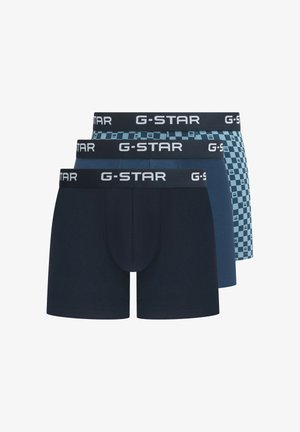 Set de boxeri marca G-Star în nuanțe de albastru, cu modele solide în bleumarin închis, albastre deschise cu model și carouri, prevăzute cu talie elastică.