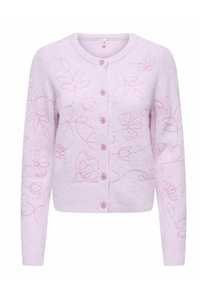 Cardigan boutonné mauve clair à manches longues avec une broderie florale discrète dans des tons violet foncé sur l'ensemble.