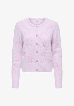 Gaiši violeta piedurkņu džemperis ar pogām un garām piedurknēm, ar smalku tumši violetu ziedu izšuvumu visā virsmā.