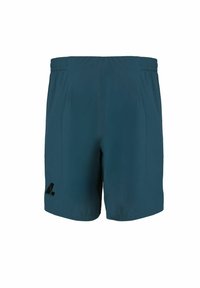 Shorts de sport teal avec un waistband élastique, en matériau léger, et un petit logo noir sur la jambe gauche. Design simple et épuré.