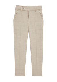 Pantaloni bej în carouri, cu o textură netedă, dotati cu închidere frontală cu buton, două buzunare laterale și o croială ajustată pentru o siluetă fit.