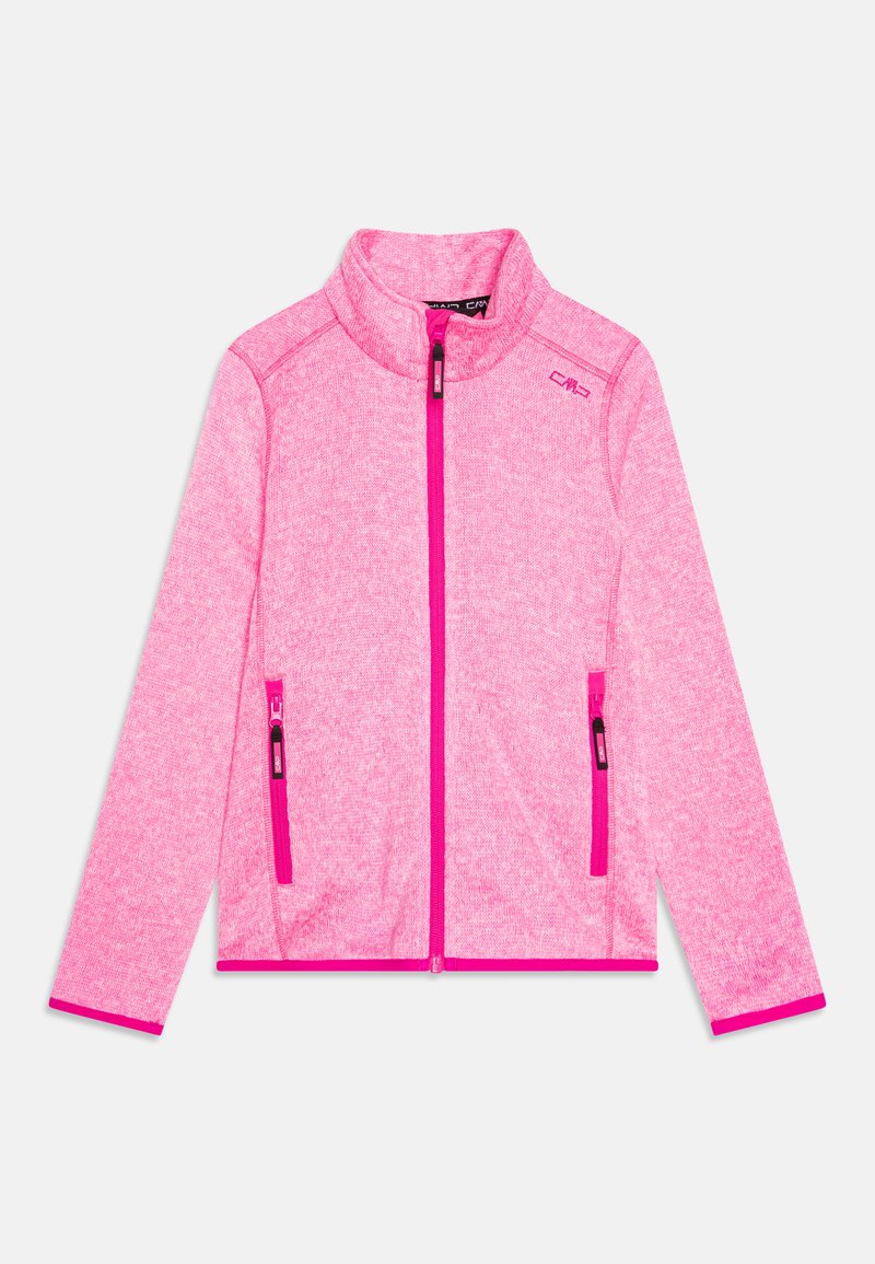 Giacca in pile di colore rosa brillante con colletto alto, zip frontale completa e due tasche laterali con zip. Bordo a contrasto lungo i polsini e l'orlo.