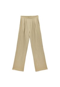 Pantalones de pierna ancha beiges elaborados en una tela texturizada con una cintura alta. Con pliegues y bolsillos laterales, ofrecen una silueta relajada y fluida.