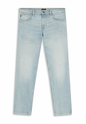 Jasnoniebieskie dopasowane dżinsy z pięcioma kieszeniami, zapięciem na guziki oraz subtelnymi przetarciami na przednich udach.