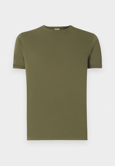 Olive green short-sleeve t-shirt made of soft, lightweight fabric with a round neckline and a simple, seamless design.