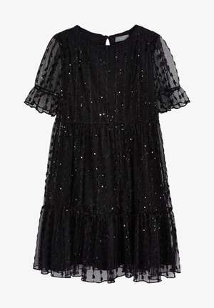 Schwarzes Kleid mit kurzen, rüschierten Ärmeln, geschichteter Gestaltung und Pailletten. Mit Rundhalsausschnitt und einem Schlüssellochverschluss hinten.