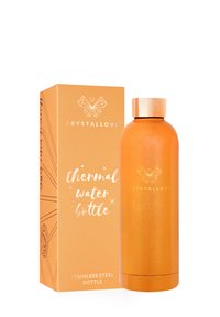 Stalowa butelka termiczna w intensywnym pomarańczowym kolorze z matowym wykończeniem. W zestawie z pomarańczowym pudełkiem z złotymi akcentami.