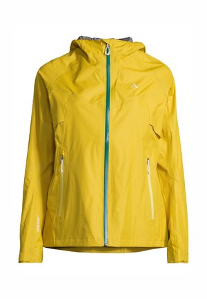 Gul vandtæt jakke med hætte, med en frontlynlås med turkise detaljer, sidelommer og ordet "VENTURI" på ærmet.
