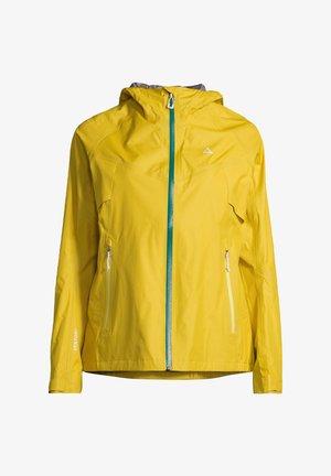 Gul vandtæt jakke med hætte, med en frontlynlås med turkise detaljer, sidelommer og ordet "VENTURI" på ærmet.