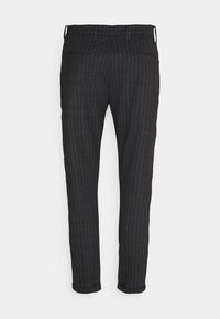 Gray pinstriped trousers with a slim fit, featuring a flat front, two side pockets, and a cuffed hem. Made from a woven fabric.