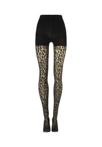 Collant neri a vita alta con gambe in pizzo leopardato trasparente che si estendono da metà coscia ai piedi, mostrati su uno sfondo bianco.