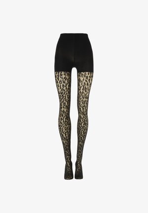 Svarta högmidjade tights med genomskinliga leopardmönstrade ben som sträcker sig från mitten av låret till fötterna, visade mot en vit bakgrund.